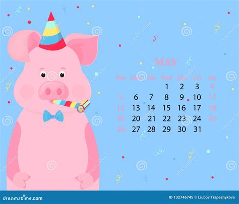 Monthly Calendar For May 2019 Cute Pig In A Striped Party Hats And