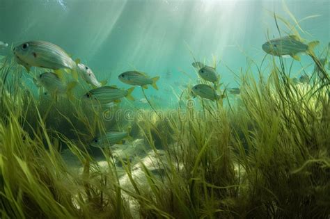 School Of Fish Hiding Among Aquatic Plants And Seagrasses Stock Photo