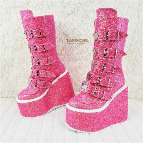 Swing 230g Pink Glitter Boot 55 Platform Heart Strap Goth Boots 6 11