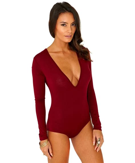 lyst missguided guanita long sleeve vneck bodysuit in burgundy in red