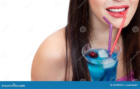 Woman Drinking Blue Cocktail Stock Image Image Of Alcohol Drinking 55309555