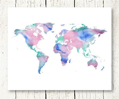 Large Watercolor World Map Print Download Blue Purple Green Etsy