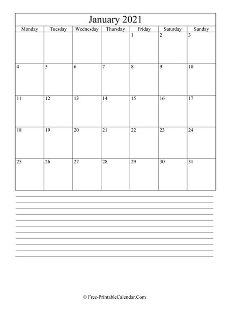 These free printable calendars are available as pdf files that you can print on your home, school, or office computer. January 2021 Editable Calendar with Notes