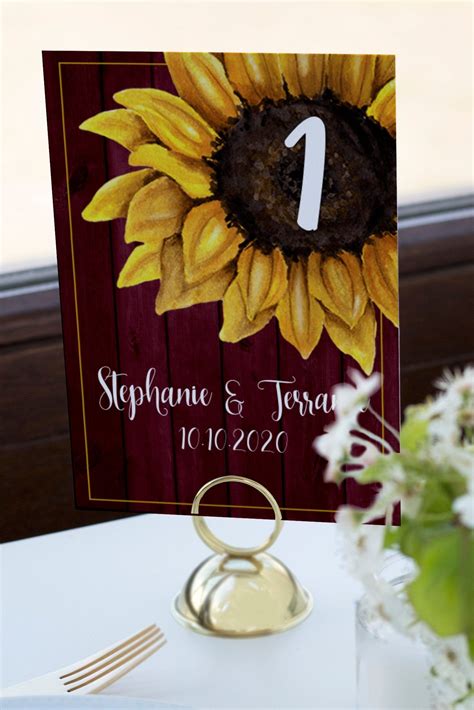 Sunflower Burgundy Wedding Table Number Sign Template -Table Number Cards-Wedding Place Cards ...