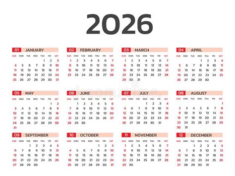 Calendar 2026 Year Vector Illustration Set Of 12 Calendar Week Starts
