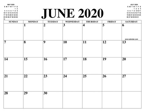 Blank June 2020 Calendar Printable