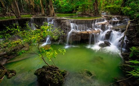 Green Waterfall In Kanjanaburi Huay Mae Kamin Thailand