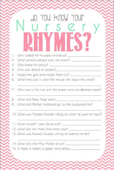 Nursery Rhyme Quiz Baby Shower Game Printable Ready To Go Etsy