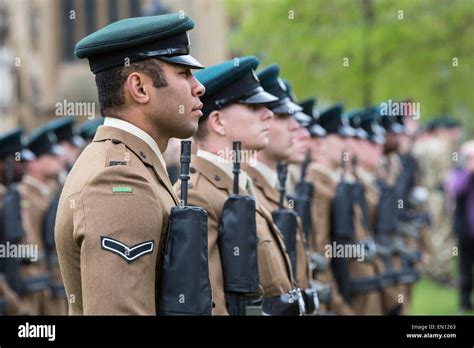 Soldiers From British Army Regiment The Rifles March Through The