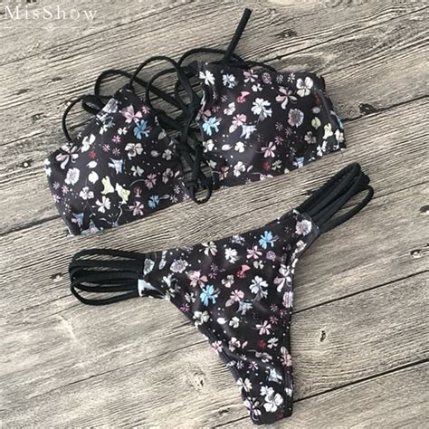 Misshow 2019 Floral Swimsuit Women Push Up Sexy Swimwear Criss Cross