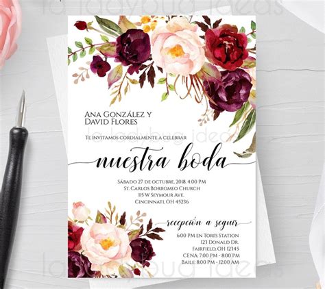 Invitacion Boda Para Editarimprimir Color Tinto Invitaciones Etsy