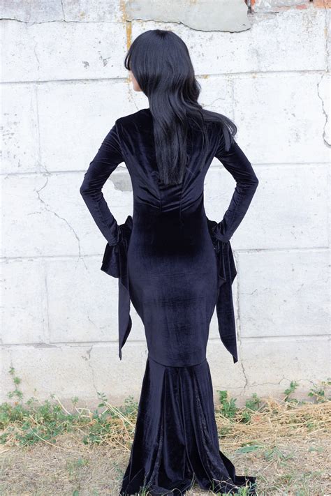 Morticia Addams Dress V Neck Black Velvet Dress With Long Etsy