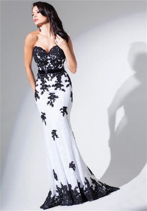 Elegant Mermaid Sweetheart White And Black Tulle Lace Long Prom Dress