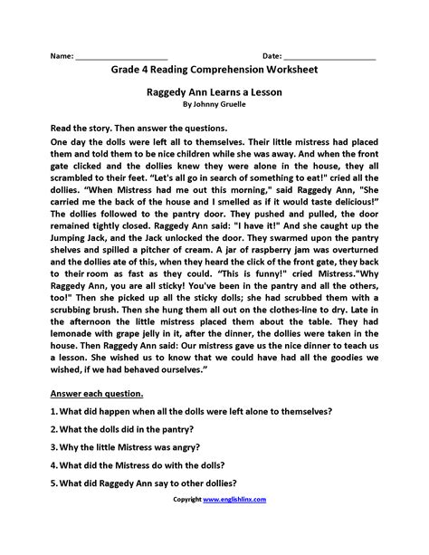 This section contains hundreds of reading comprehension exercises for all grade levels. Raggedy Ann Fourth Grade Reading Worksheets | Reading ...