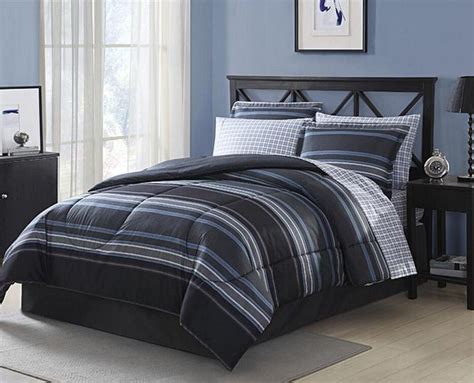 Refresh your space with the classic look of stripes or plaid that creates an interesting focal point and anchors the room. Black Grey White Blue Striped Plaid 6 piece Comforter ...