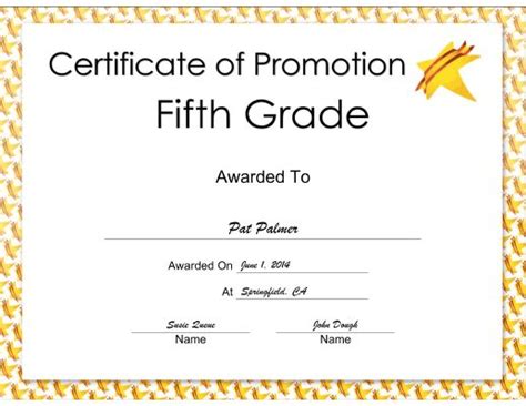 This Fifth Grade Promotion Certificate Features A Bright Yellow Star