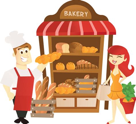 Cartoon Bakery Stall With Storekeeper And Shopper 4863137 Vector Art