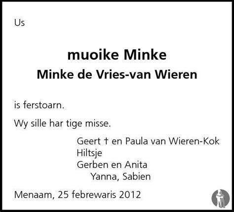 Minke De Vries Van Wieren 25 02 2012 Overlijdensbericht En