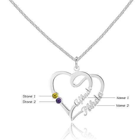 Two Name Necklace With 2 Birthstones Heart Necklace With Etsy