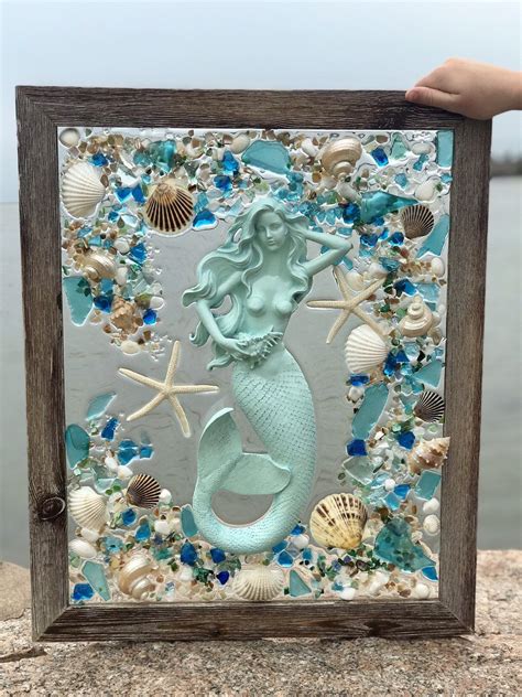Large 19 X 23 Beach Glass Panel Mermaid In Barnwood Etsy Mermaid Wall Art Beach Glass Art