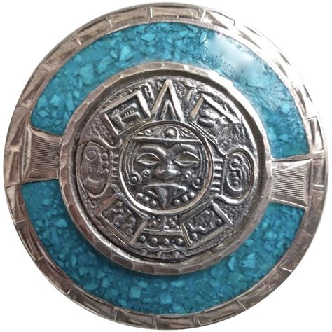 Sterling Silver And Turquoise Mexican Aztec Sun Stone Broochpendant