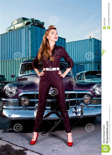 Pin Up Girl Standing Near A Retro Car Stock Image Image Of Makeup