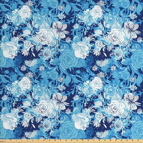 Flower Fabric By The Yard Continuous Pattern Of Blue Color Palette