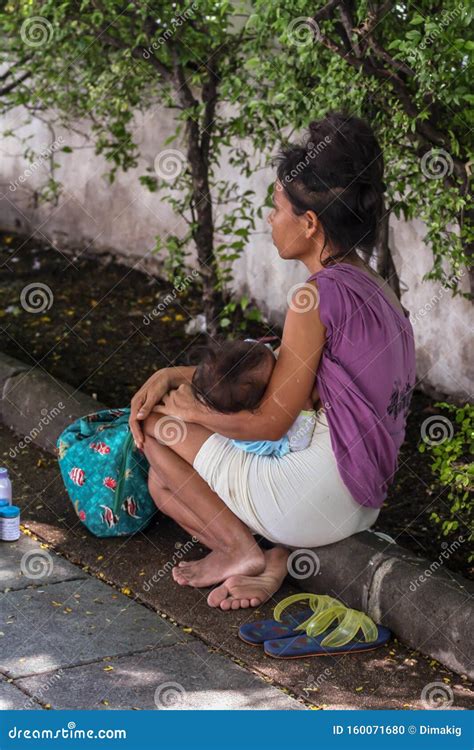 Homeless Asian Woman Sitting By The Road Blur And Grain Effect Poorest People Of The World