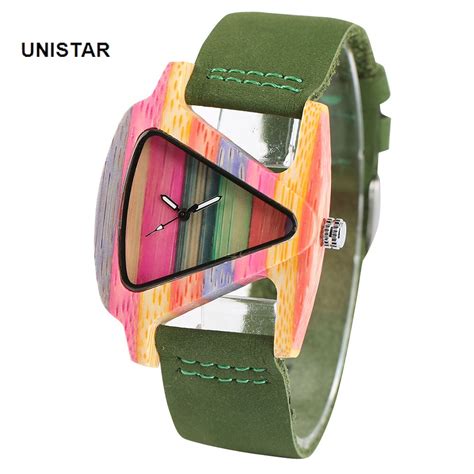 unistar fashion rainbow bamboo wooden quartz watches with genuine leather band cool t for