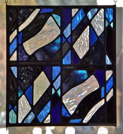 Stained Glass Panel Abstract Blue Black Geometric Design Clear Textured Glass Window Wall