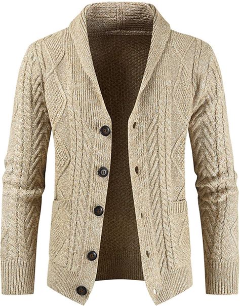 Mens Shawl Collar Cardigan Sweaters Winter Button Up Cable Knitted