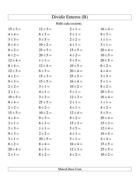 La hoja de ejercicios de matemáticas de Divisiones Básicas hasta 25