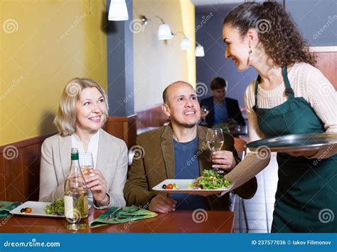 Happy Waitress Taking Order At Table Stock Photo Image Of Lifestyle