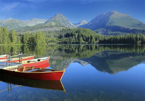 Red Boats On Mountain Lake Stock Photo Image Of Landscape 270172178