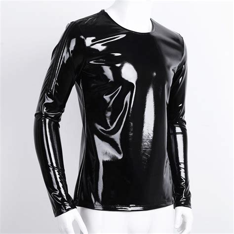 M Xxl Black Mens Patent Leather Long Sleeve Zipper T Shirt Nightclub