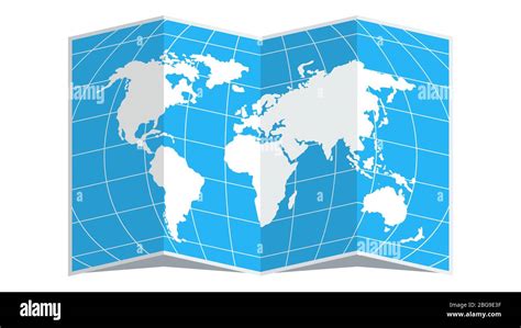 Open Folded World Map White Continents On A Sky Blue Background Stock