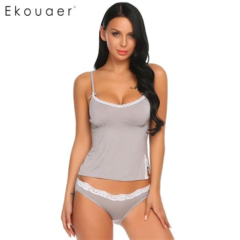Ekouaer Women Summer Sexy Pajamas Set Soft Cotton Sleepwear Lace Spaghetti Strap Nightwear Trim