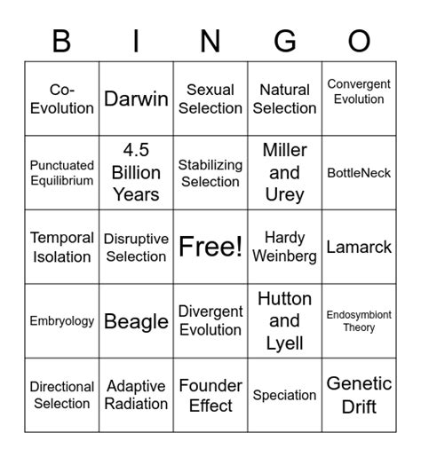 Evolution Bingo Card