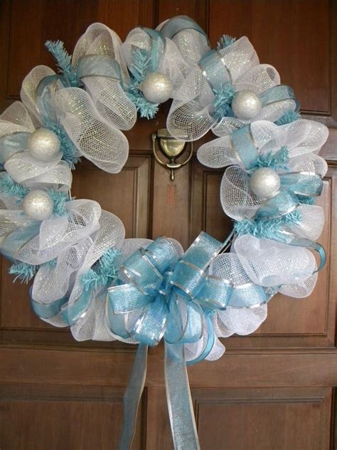Blue And White Deco Mesh Christmas Wreath