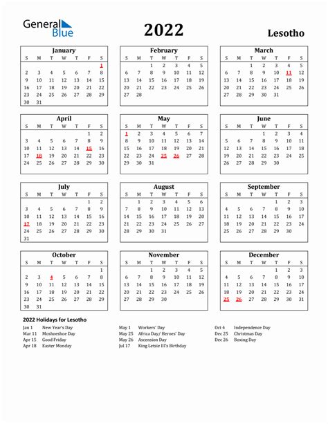 Free Printable 2022 Lesotho Holiday Calendar