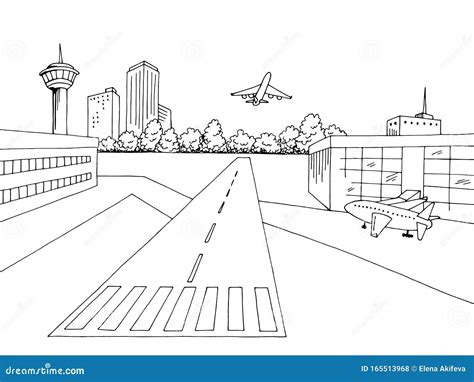 Airport Exterior Graphic Black White Sketch Illustration Vector Stock