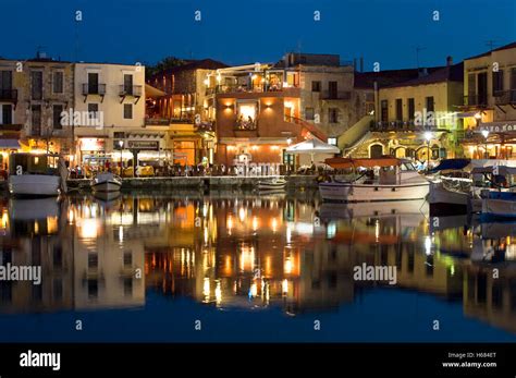 Rethymnon Alten Hafen Bei Nacht Kreta Griechenland Stockfotografie