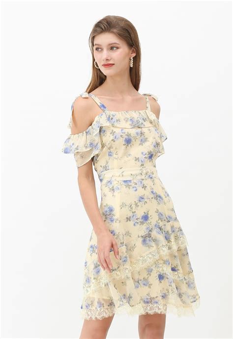 Cold Shoulder Floral Ruffle Chiffon Midi Dress Retro Indie And