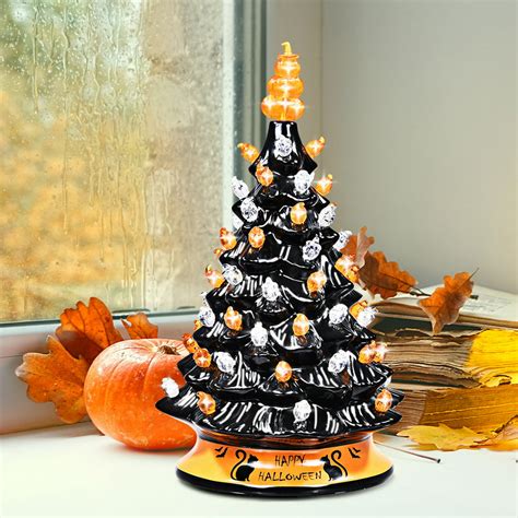 Gymax 15 Inches Pre Lit Hand Painted Ceramic Halloween Tree Tabletop