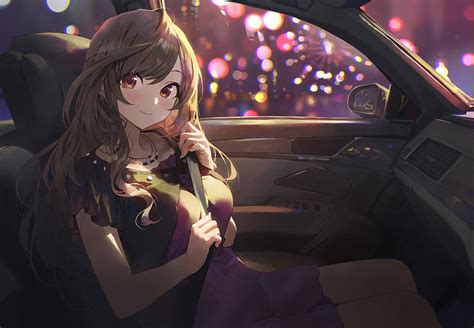 2d Brunette Digital Art Anime Girls Smiling Anime Kogane Tsukioka Car Interior The
