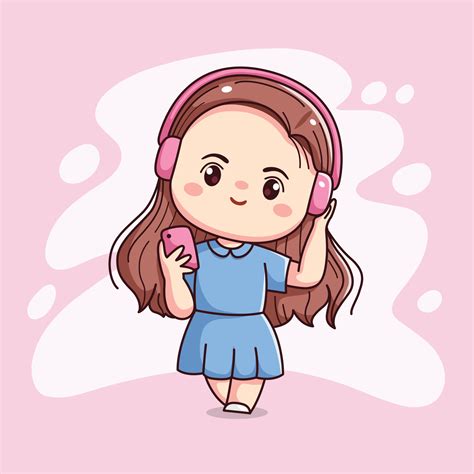 Cute Happy Girl With Headphone Listening Music Kawaii Chibi Flat