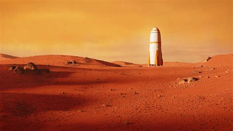 Landscape On Planet Mars Rocket Landing On The Red Planet Stock Photo