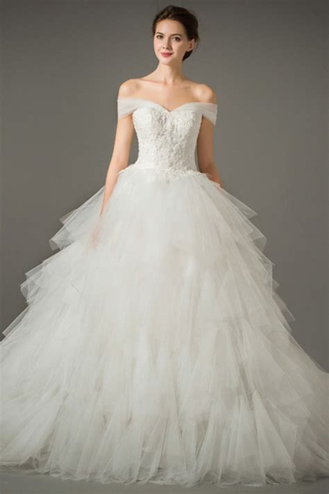 Ball Gown Off The Shoulder Tulle Ruffle Layered Wedding Dress Chapel Train