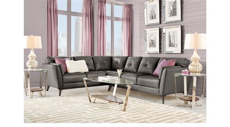Apply a similar, earthy hue to the walls and ceiling surrounding your gray sectional, to create a jewel box effect in the space and balance the cool undertones of the gray upholstery. Gabriele Gray 4 Pc Leather Sectional Living Room ...