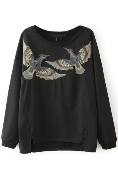 Round Neck Long Sleeve Bird Embroidery Sweatshirt